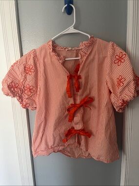 Orange & White Striped Tie-Front Peasant Blouse
